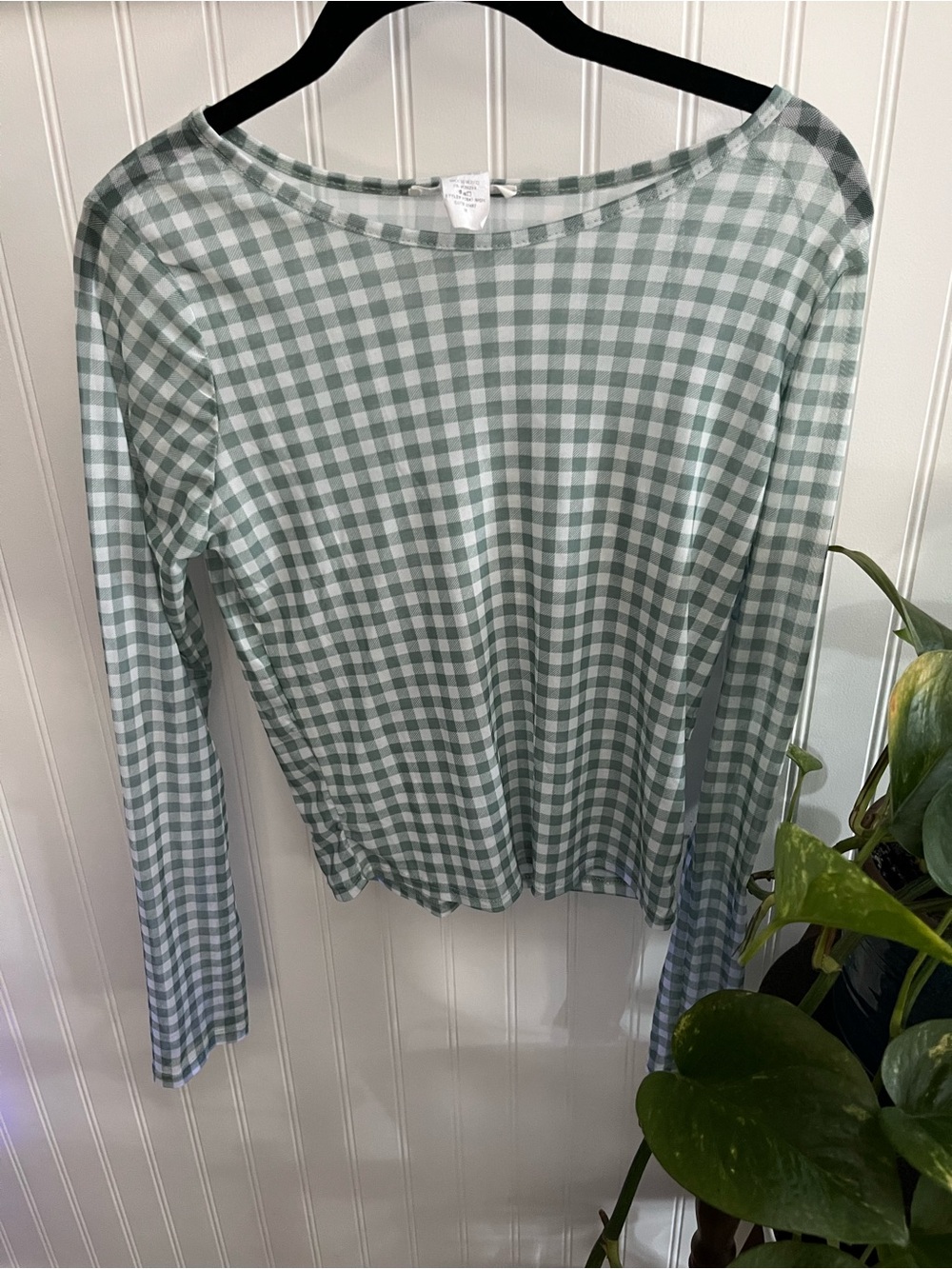 Mesh Light Sage Gingham Long-Sleeve Women's Top